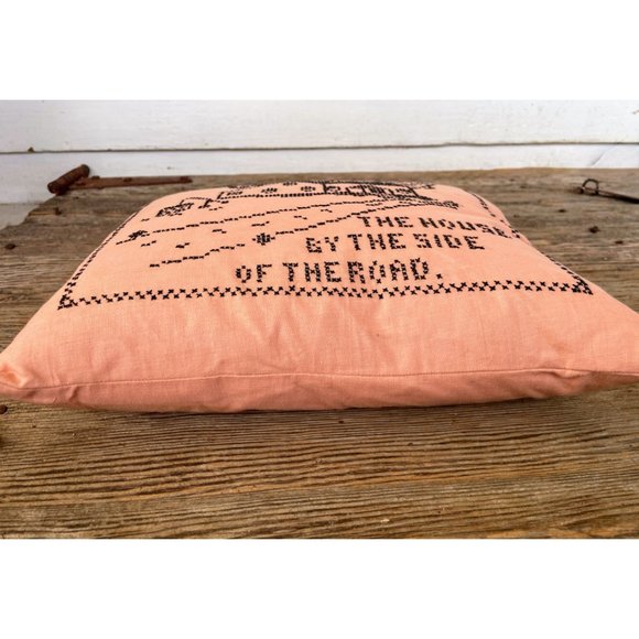 Vintage 1930s Feather Pillow Cross Stitched "the House by the Side Of the Road" - Picture 3 of 14